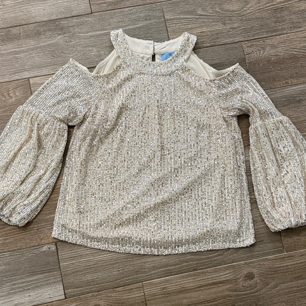 Sequin Cold-Shoulder Blouse - Champagne Silver Gold